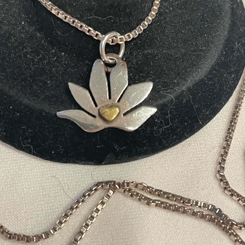 Silver 1/2 Lotus Flower pendant, center gold heart. No chain. Lotus is strength.